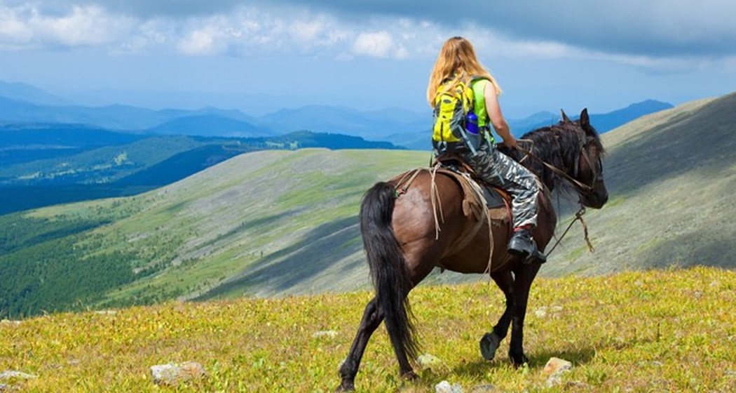 A rider on horseback crossing a wide green hillside under a blue sky